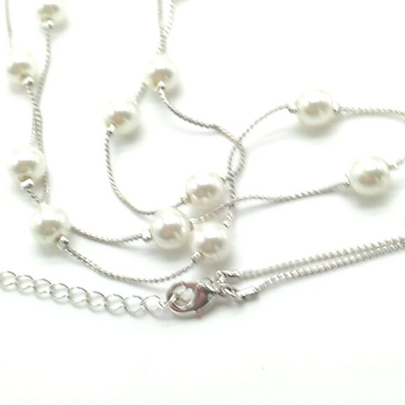 Delicate Tin Cup Faux Pearl Necklace Very Long Silver-tone Thin Chain 73 inches - Picture 11 of 14